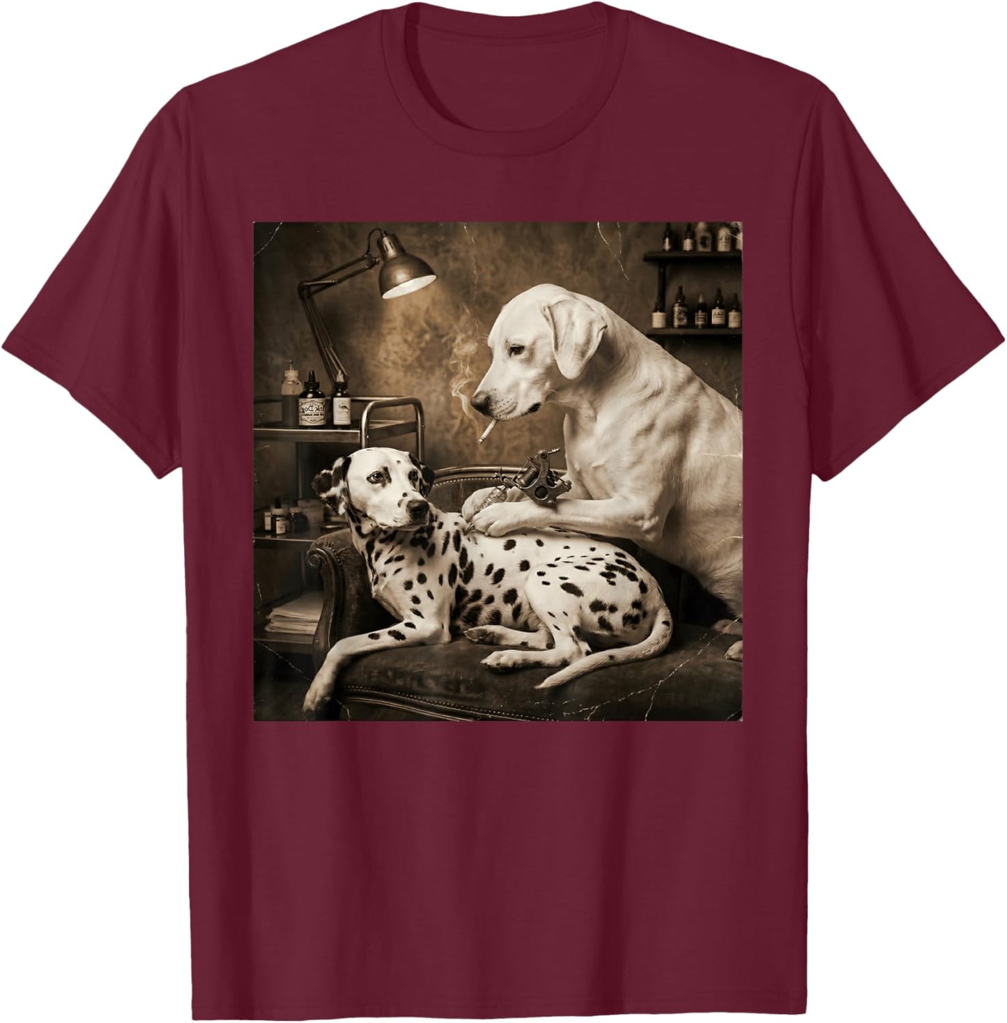 Retro Dalmatian Dog Smoking Tattoo Artist Funny Meme Graphic T-Shirt - T-Shirt | Maroon