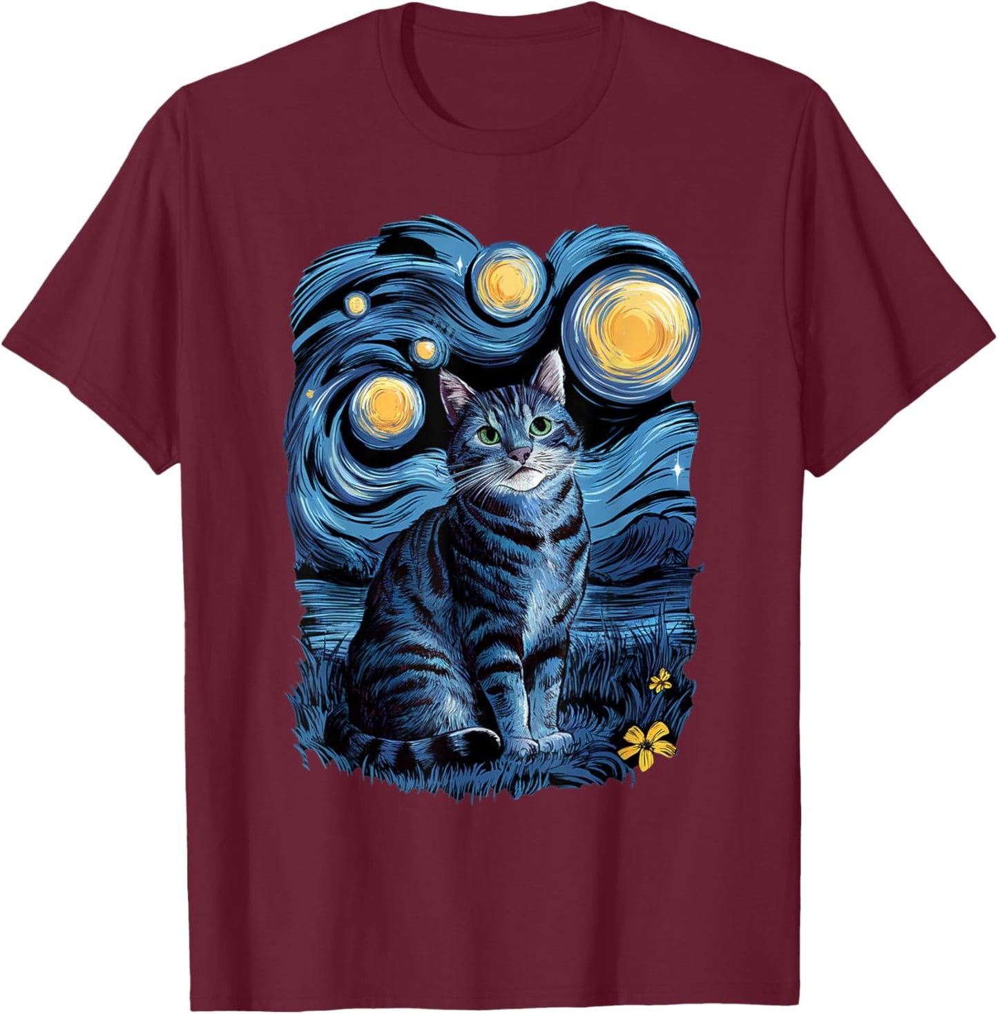 Van Gogh Cat Gifts Tabby Cat Owners Cat Lady Black Men Cat T-Shirt - T-Shirt | Maroon