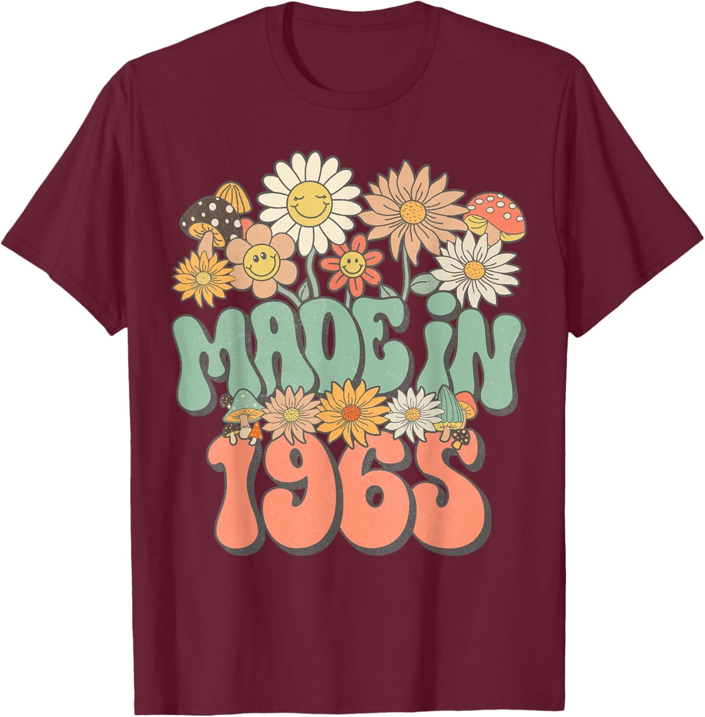 Retro Groovy Made In 1965 Floral Hippie Daisy 60th Birthday T-Shirt - T-Shirt | Maroon
