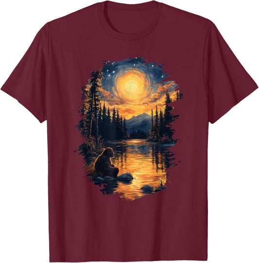 Bigfoot Starry Night Forest Sasquatch Van Gogh Art T-Shirt - T-Shirt | Maroon