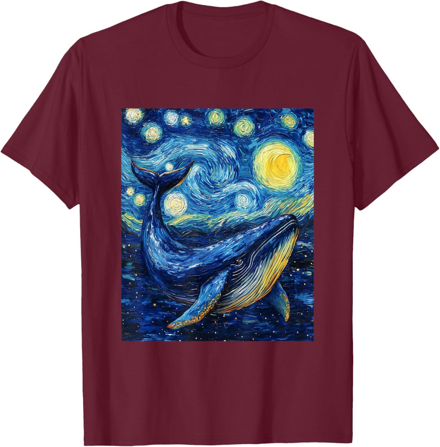 Whale - Van Gogh Style - Starry Night Graphic T-Shirt - T-Shirt | Maroon