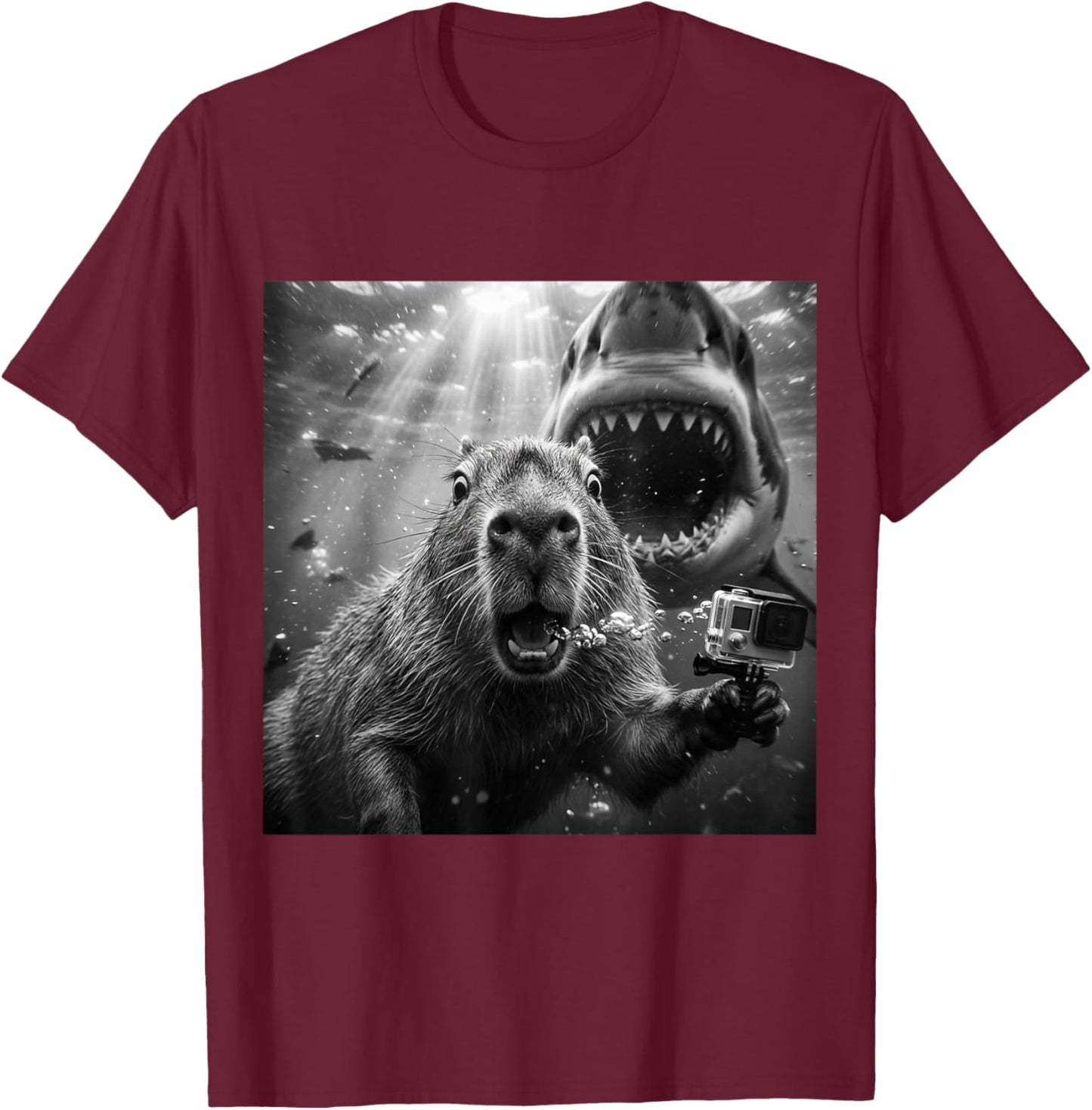 Capybara Underwater Selfie Funny Illustration Scene T-Shirt - T-Shirt | Maroon
