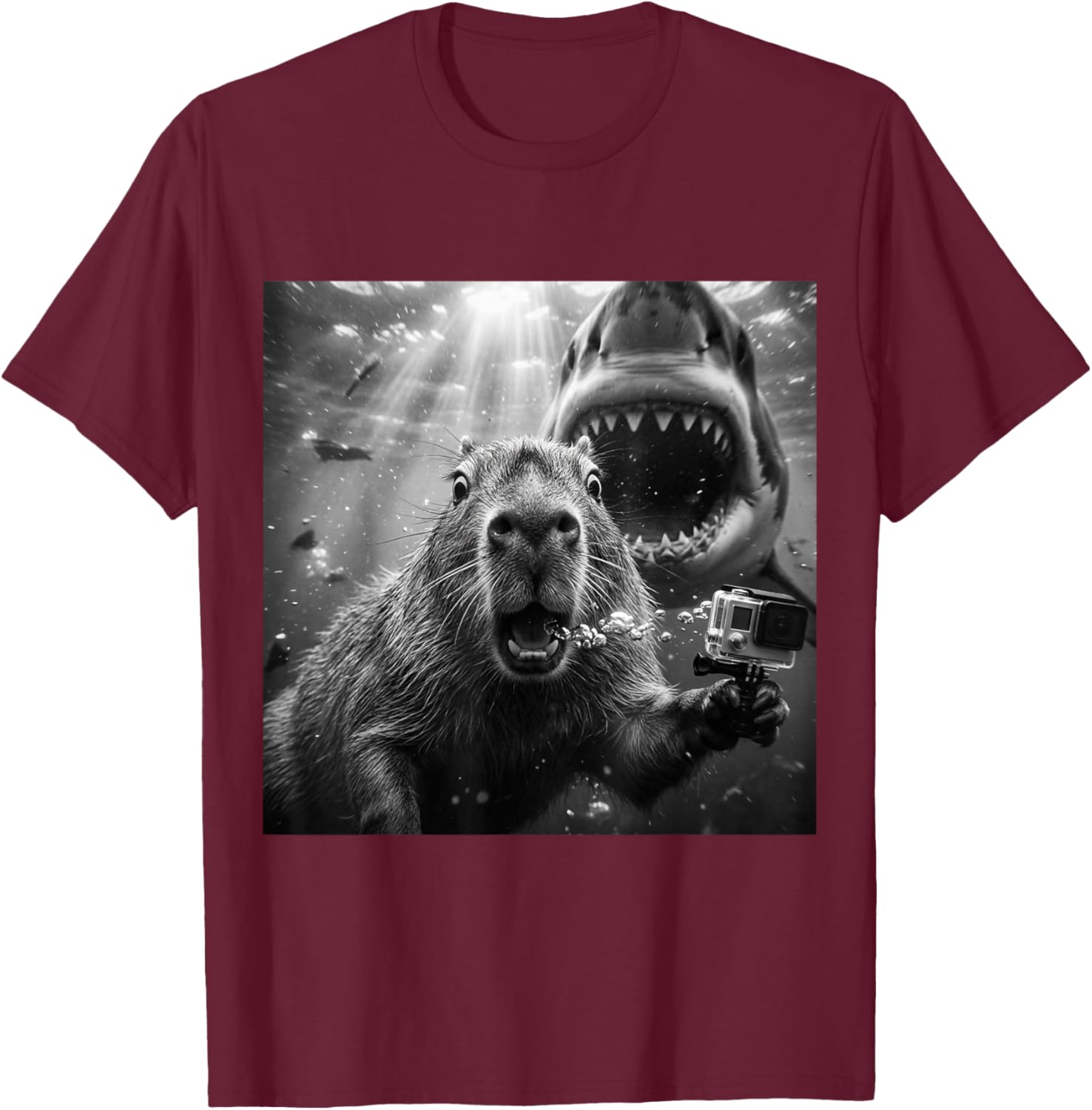 Capybara Underwater Selfie Funny Illustration Scene T-Shirt - T-Shirt | Maroon