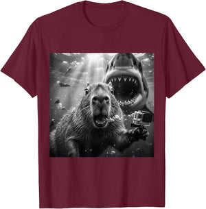 Capybara Underwater Selfie Funny Illustration Scene T-Shirt - T-Shirt | Maroon