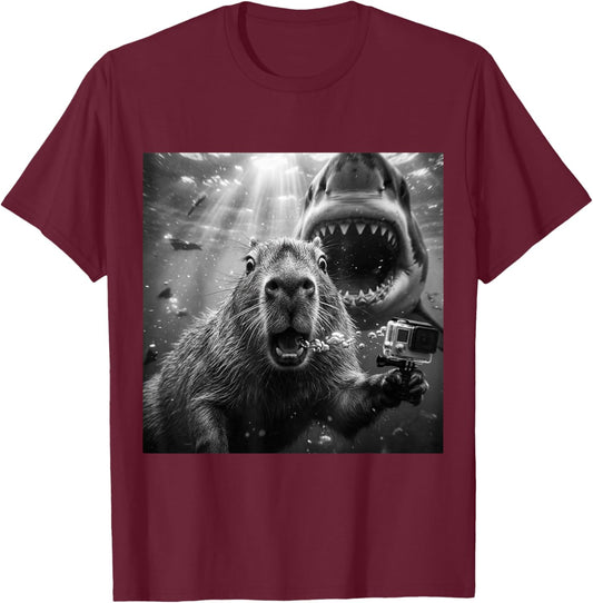 Capybara Underwater Selfie Funny Illustration Scene T-Shirt - T-Shirt | Maroon