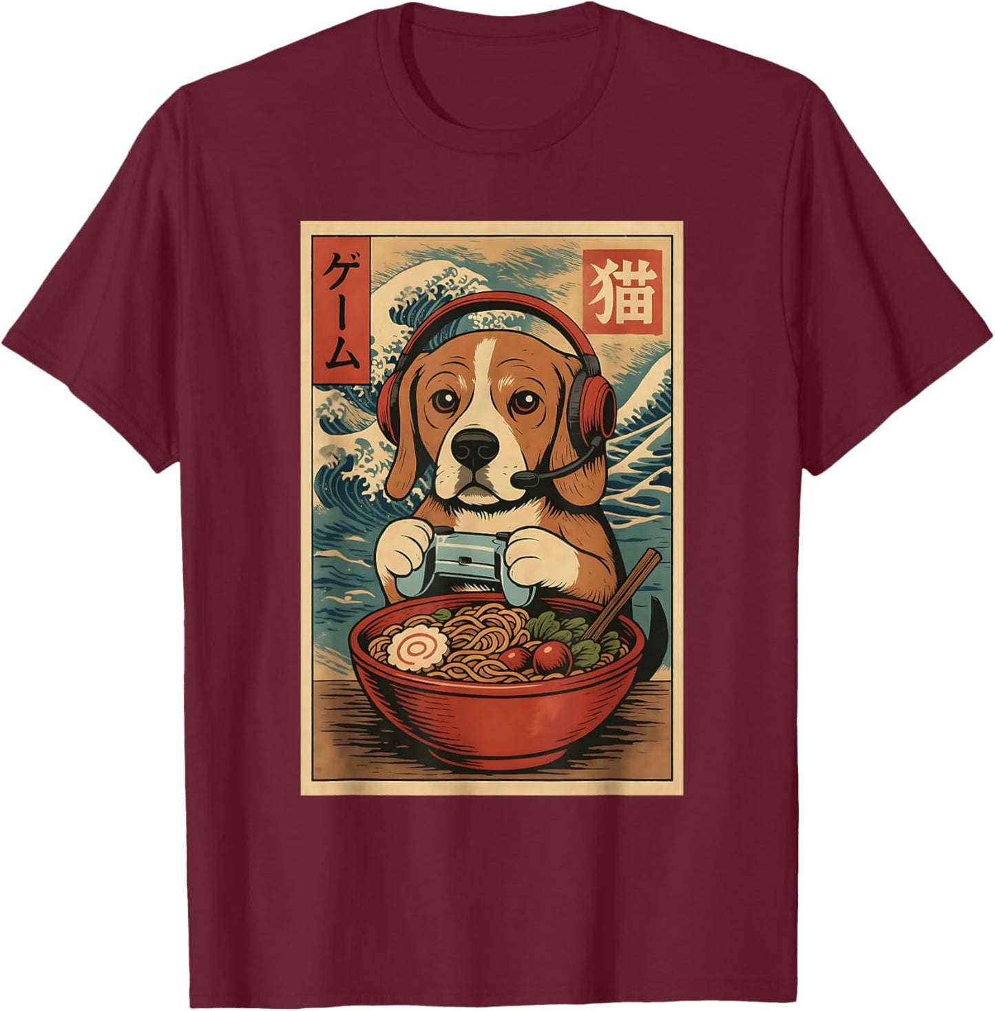 Cute Kawaii Gamer Dog Funny Ramen Retro Game Japanese T-Shirt - T-Shirt | Maroon
