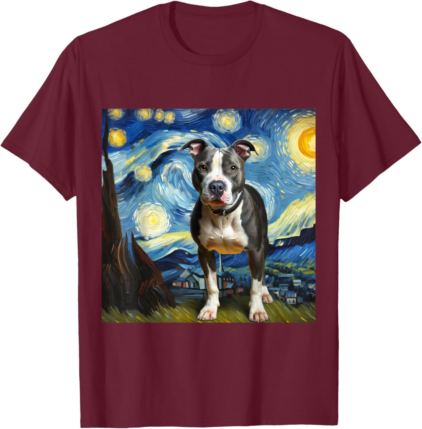 Pitbull Animal Funny Pit Bull Starry Night Van Gogh Style T-Shirt - T-Shirt | Maroon