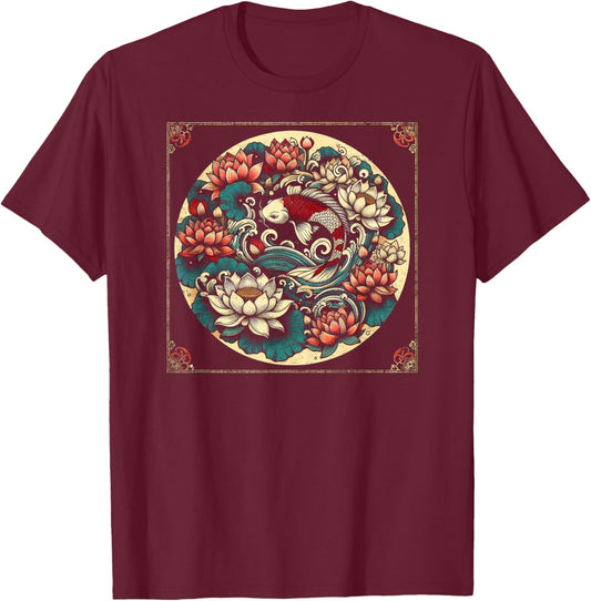 Japanese Koi Fish Lotus Design T-Shirt - T-Shirt | Maroon