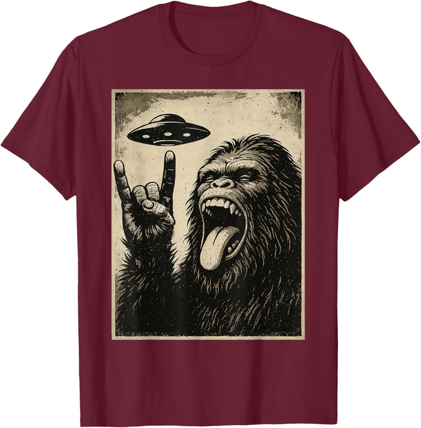 Bigfoot Rock Tongue UFO Selfie Sasquatch Rocker Boy Men Kids T-Shirt - T-Shirt | Maroon