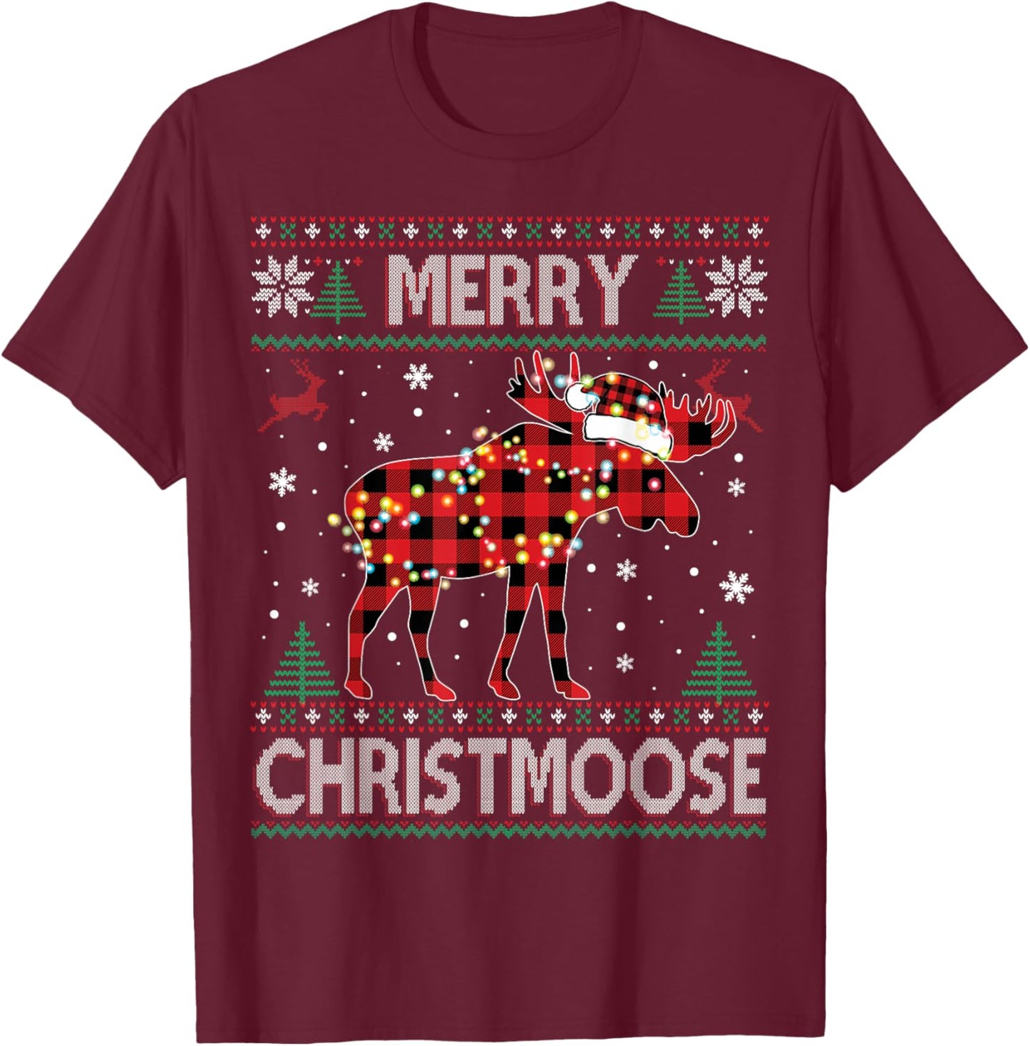 Merry Christmoose Christmas Moose Red Plaid Ugly Sweater T-Shirt - T-Shirt | Maroon