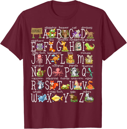 Back to School Kids Cute Animals A-Z Alphabet ABCs Teacher T-Shirt - T-Shirt | Maroon