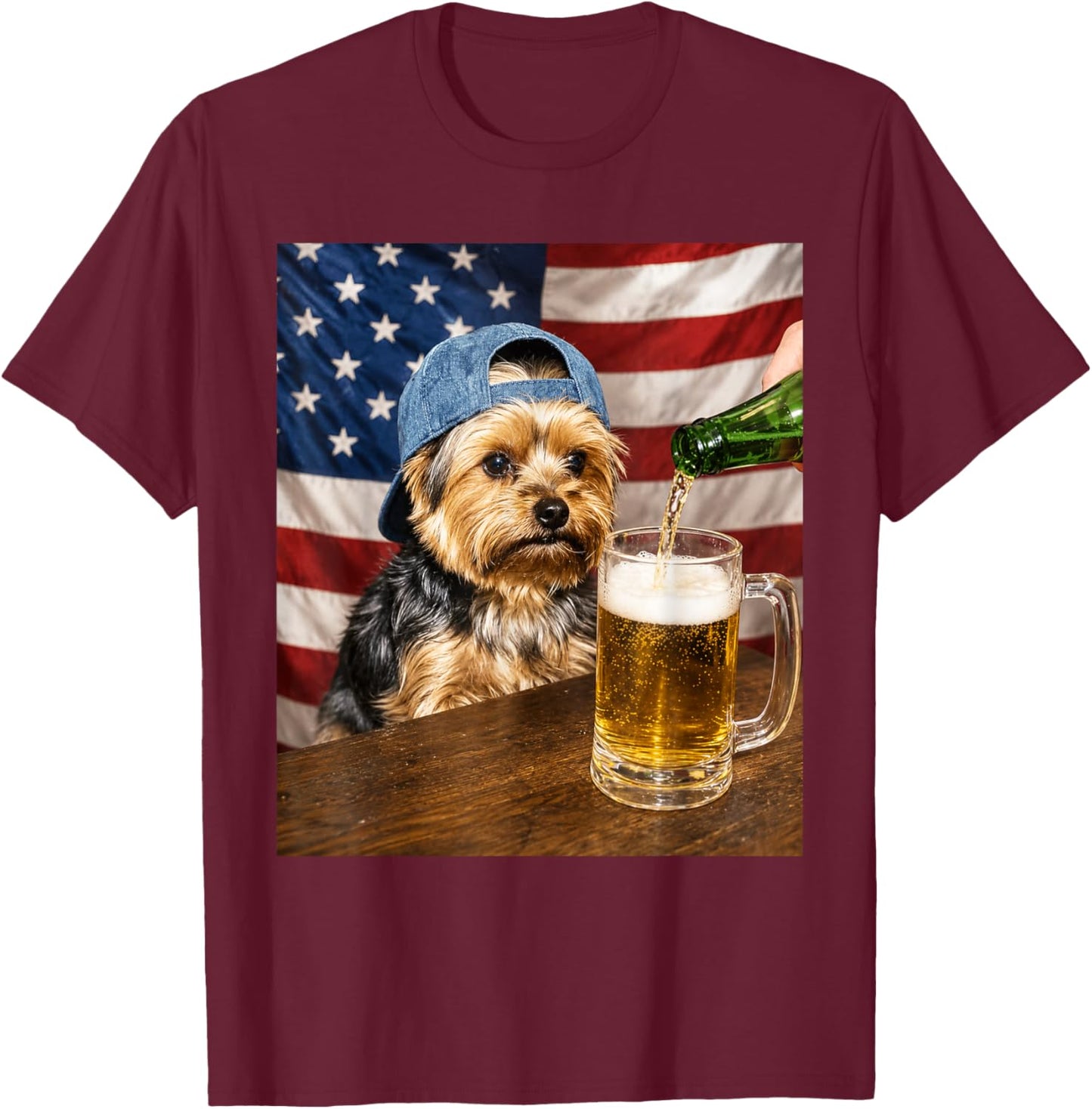Funny Yorkie Drinking Beer Dog Meme Art Graphic T-Shirt - T-Shirt | Maroon