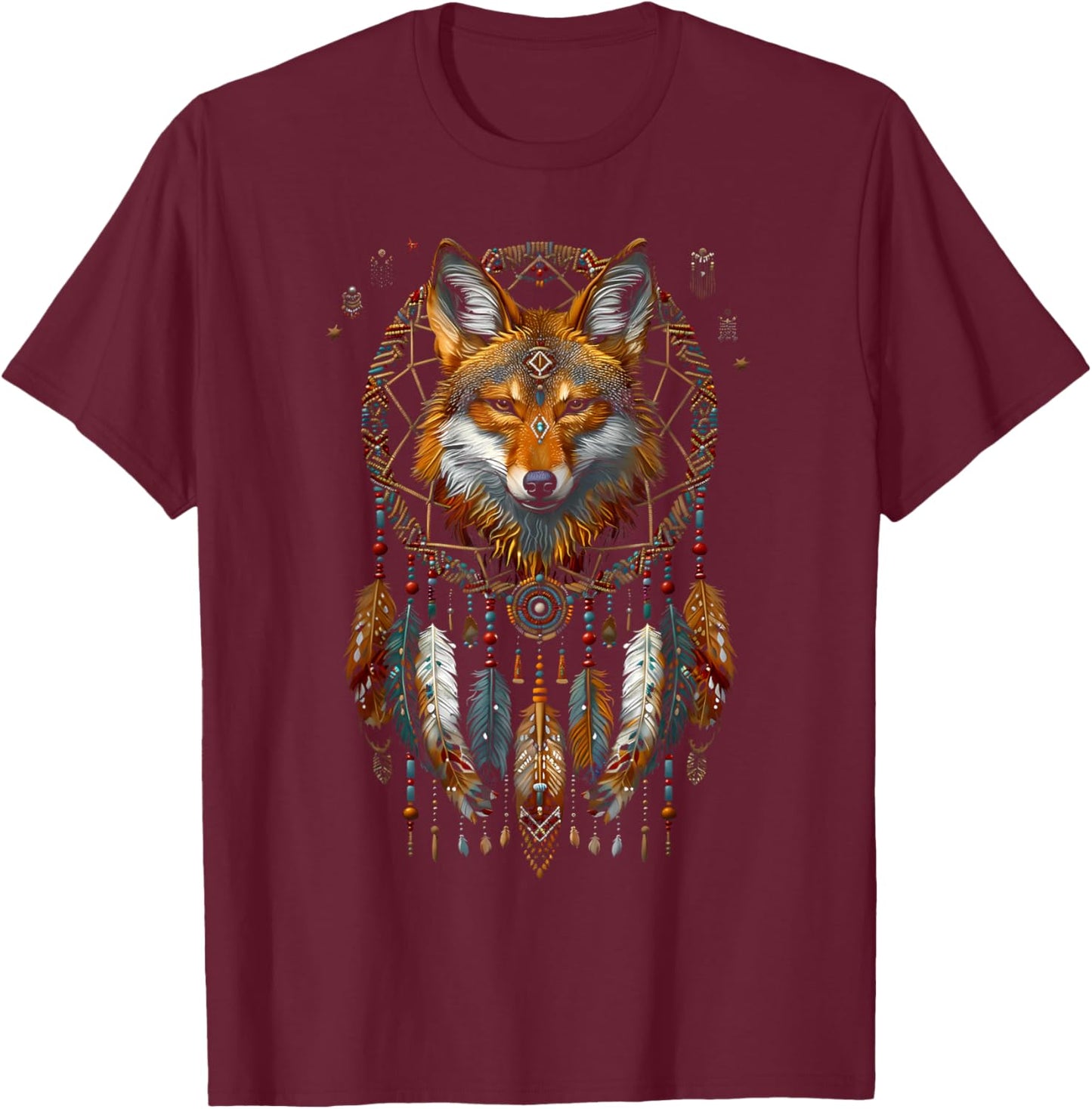 Colorful Mantra Spirit Animal Dreamcatcher Shop Fox Dreamcatcher Native American Indian Feathers Arts -Adults T-Shirt - T-Shirt | Maroon