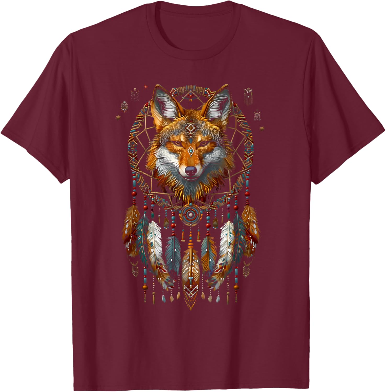 Colorful Mantra Spirit Animal Dreamcatcher Shop Fox Dreamcatcher Native American Indian Feathers Arts -Adults T-Shirt - T-Shirt | Maroon
