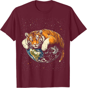 Funny Lazy Tiger In Space T-Shirt - T-Shirt | Maroon