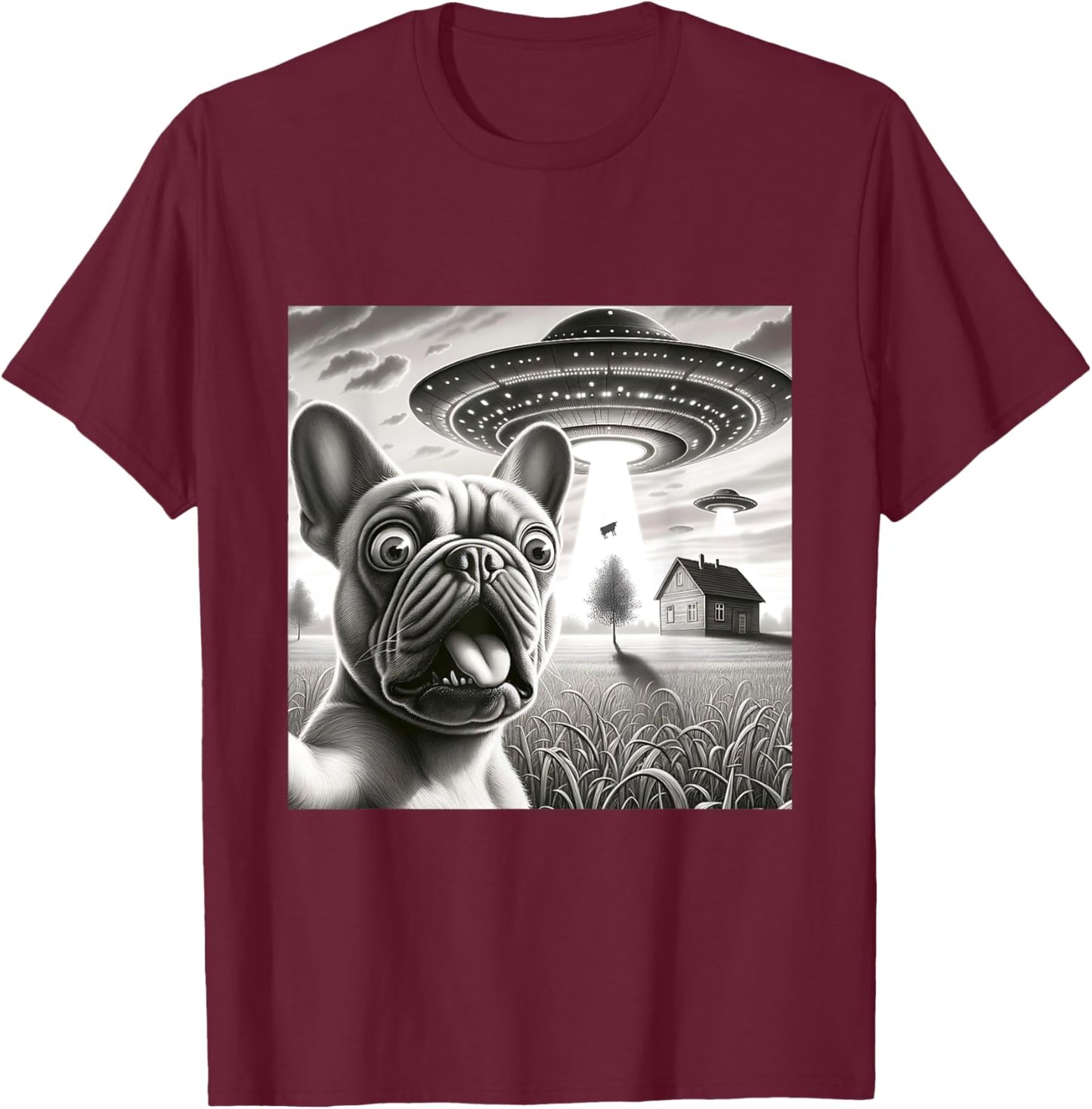 French Bulldog Selfie With Alien UFO Funny Frenchie Pup T-Shirt - T-Shirt | Maroon