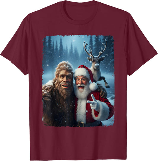 Santa Claus Bigfoot Selfie Top Xmas Meme Funny Christmas T-Shirt - T-Shirt | Maroon