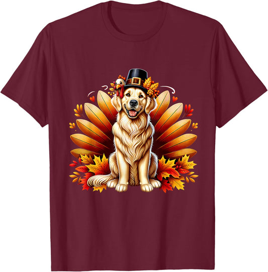 Fall Golden Retriever Thanksgiving Pilgrim Turkey Dog Autumn T-Shirt - T-Shirt | Maroon