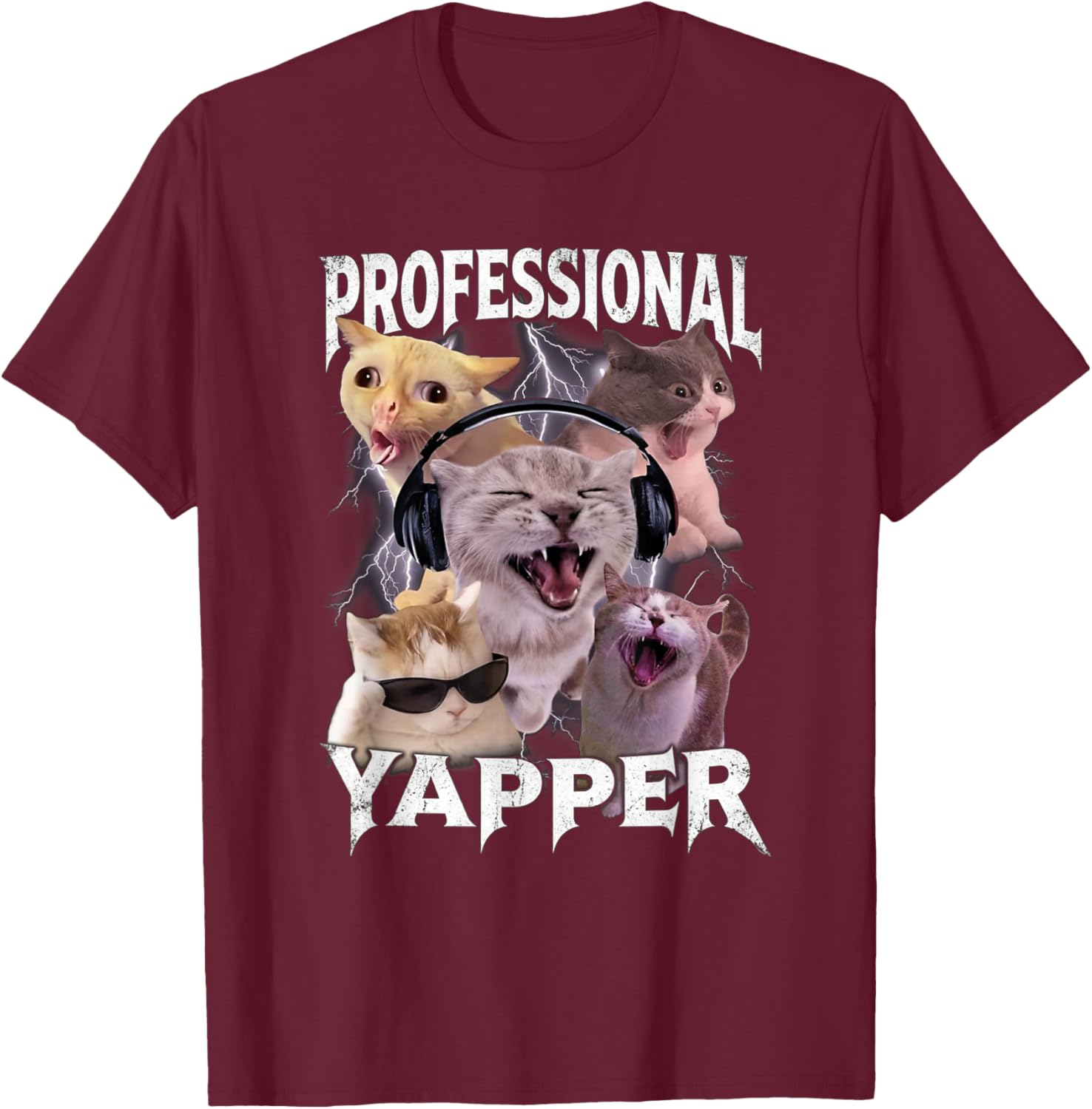 Funny Professional Yapper Cat Meme Rock Style Humor GIFF T-Shirt - T-Shirt | Maroon