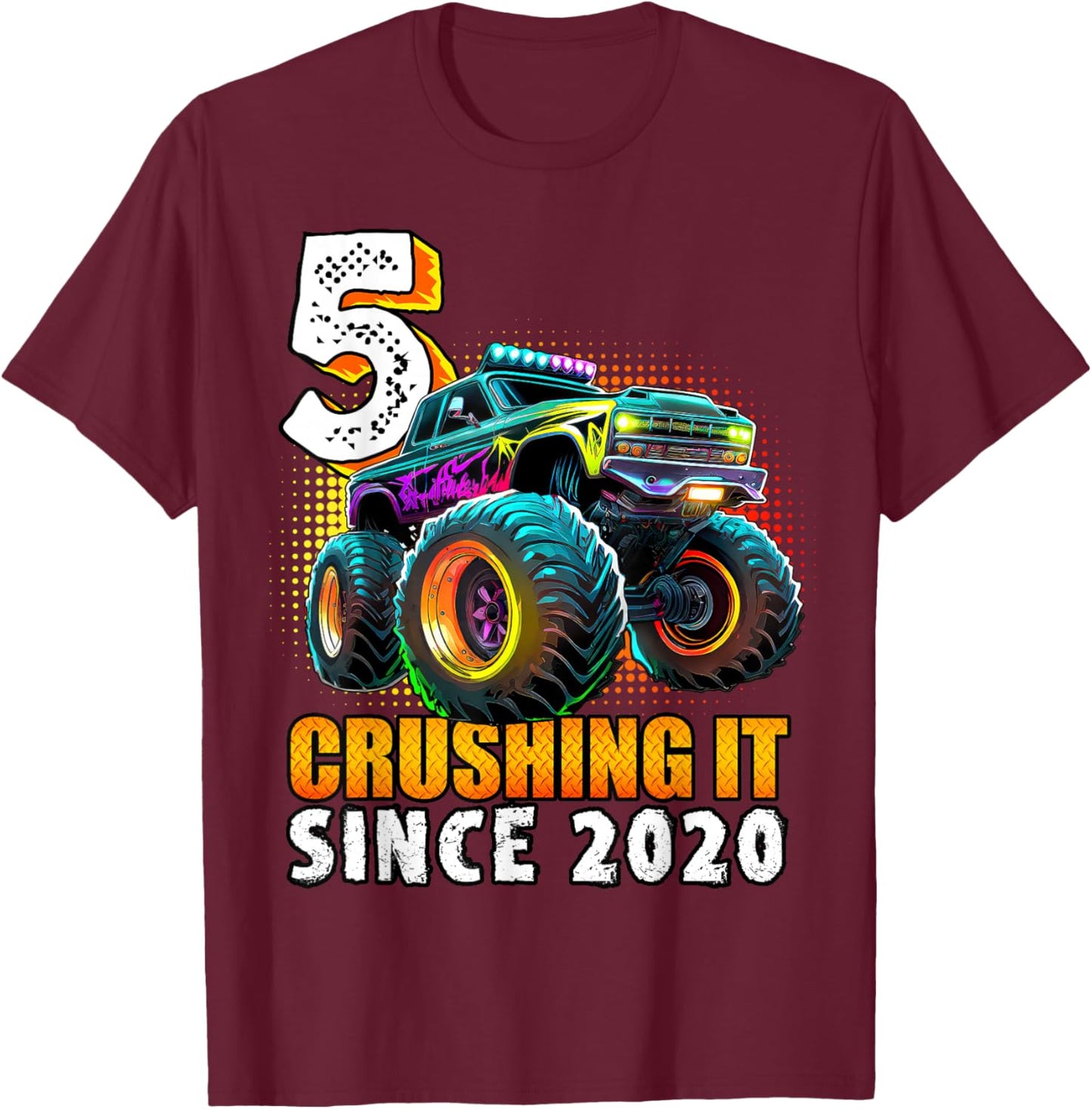 Birthday Monster Truck 5 year Old Boys 5th Party Born 2020 T-Shirt - T-Shirt | Maroon