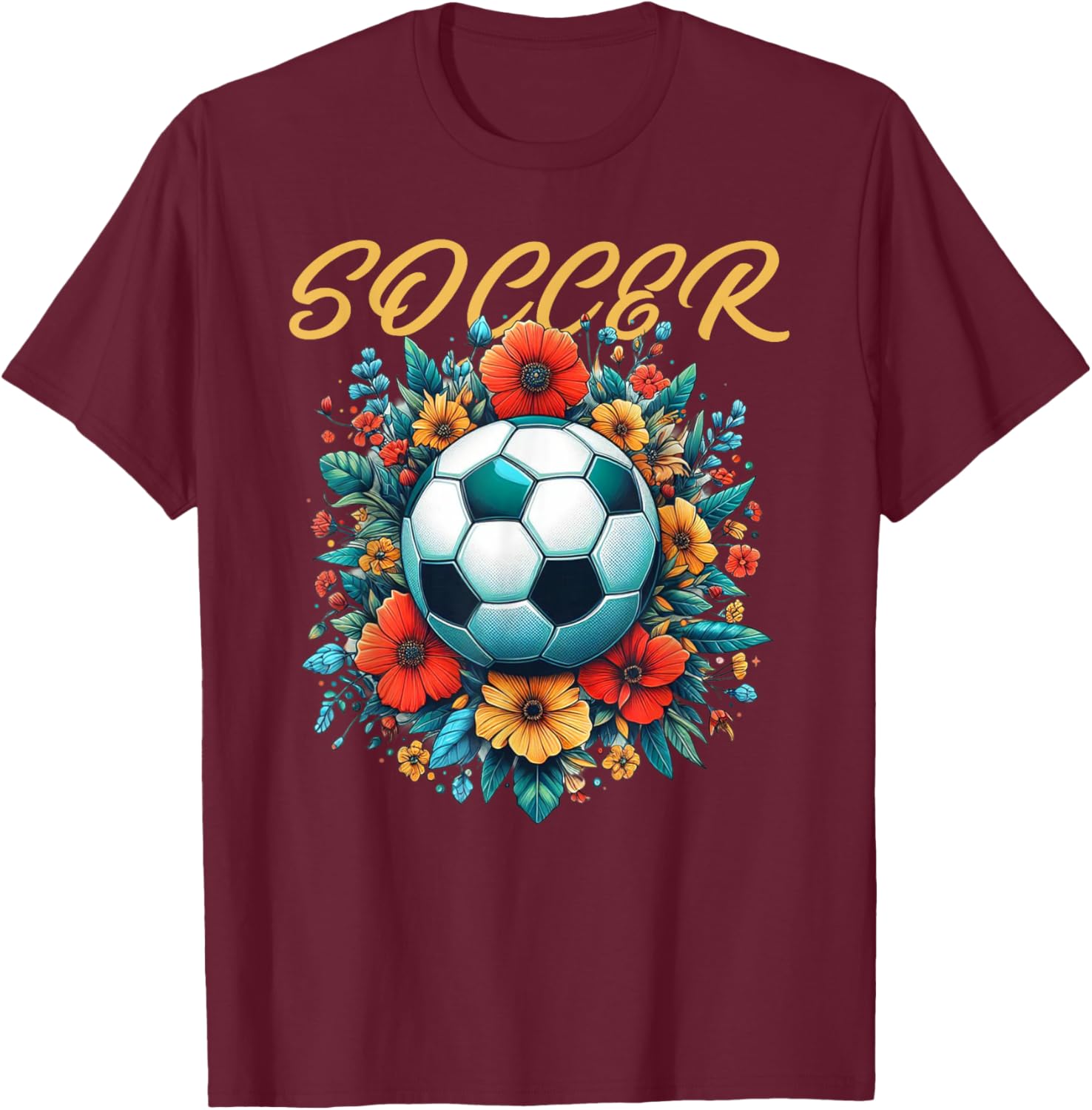 Soccer Ball Floral Print Women Vintage T-Shirt - T-Shirt | Maroon