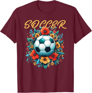 Soccer Ball Floral Print Women Vintage T-Shirt - T-Shirt | Maroon