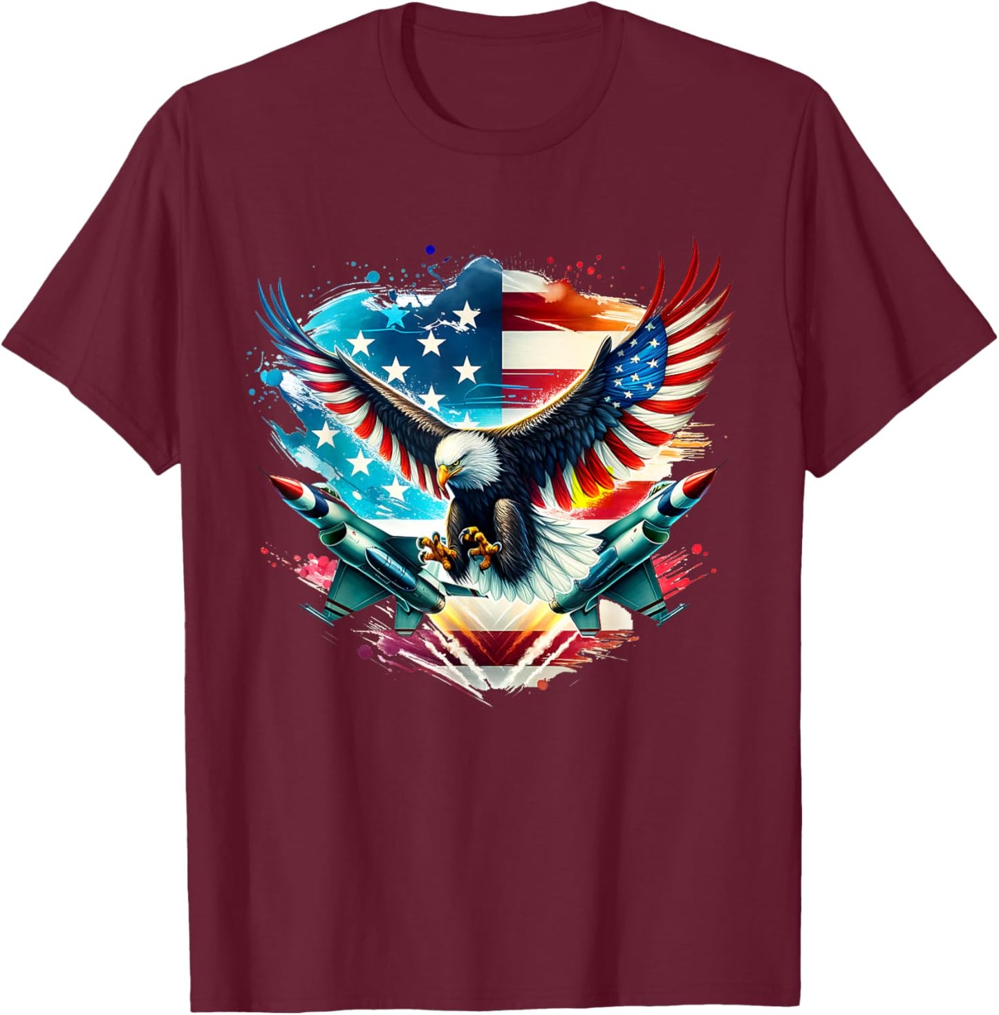 Boys 4th Of July American Bald Eagle USA Flag Fighter Jet T-Shirt - T-Shirt | Maroon