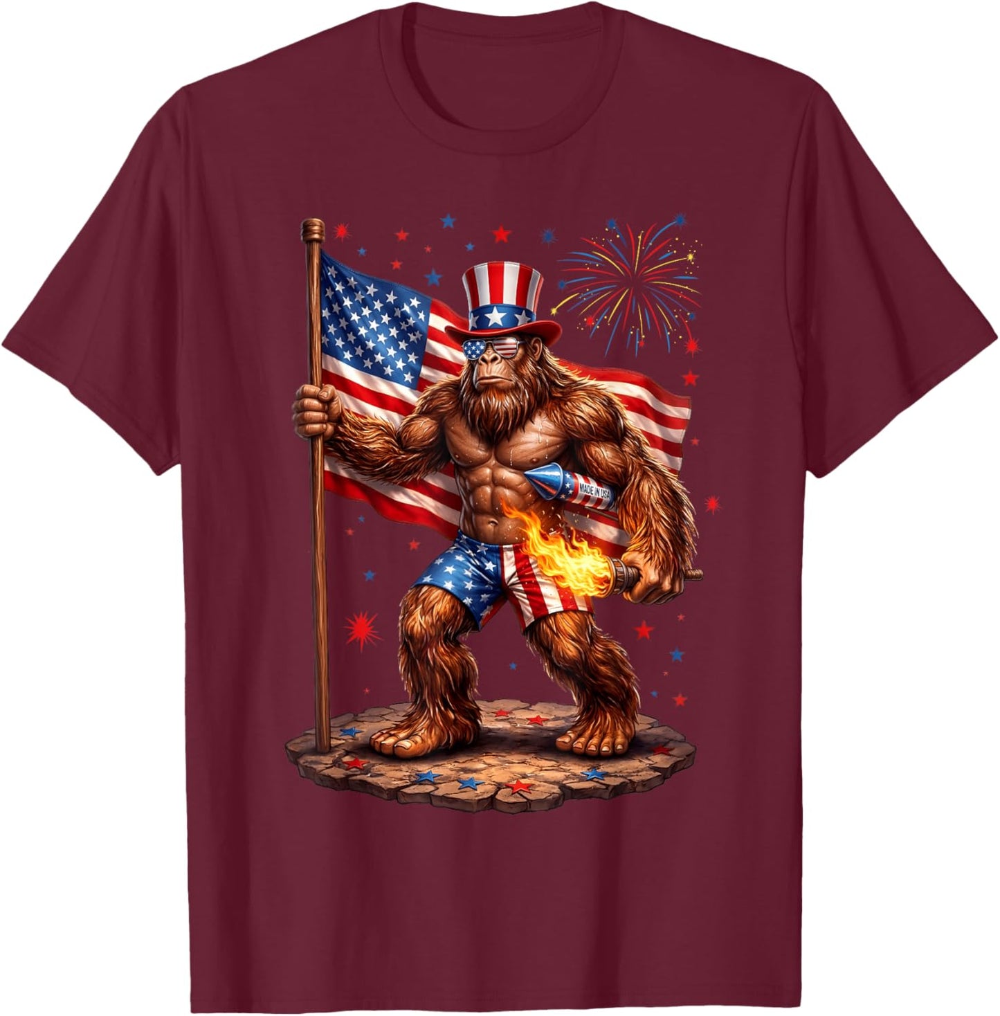 Bigfoot 4th of July US American Flag Sasquatch Men Women Kid T-Shirt - T-Shirt | Maroon