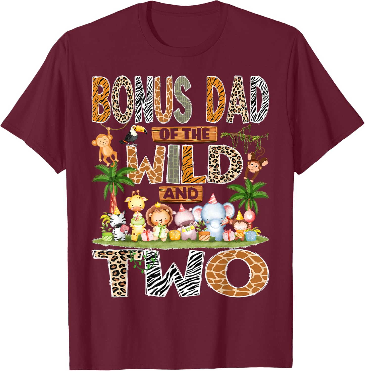 Bonus Dad of The Wild & Two 2nd Birthday Boy Safari Jungle T-Shirt - T-Shirt | Maroon