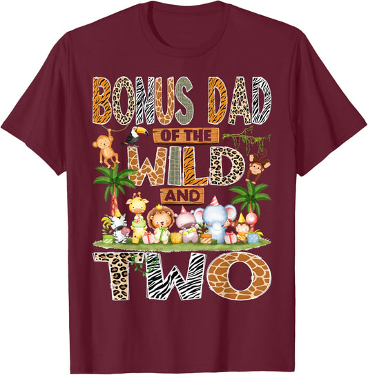 Bonus Dad of The Wild & Two 2nd Birthday Boy Safari Jungle T-Shirt - T-Shirt | Maroon