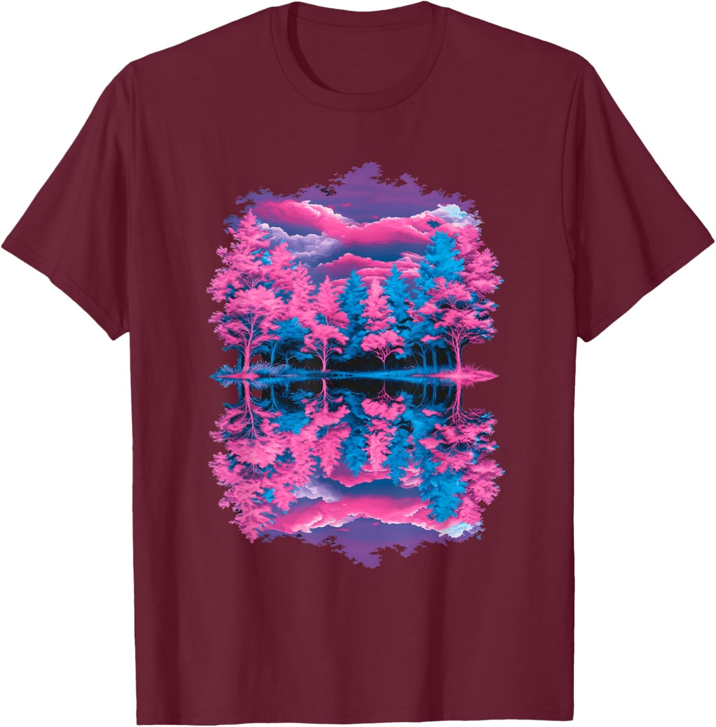 Pink Blue Vaporwave Retro Trees Reflection Serene Lake Art T-Shirt - T-Shirt | Maroon