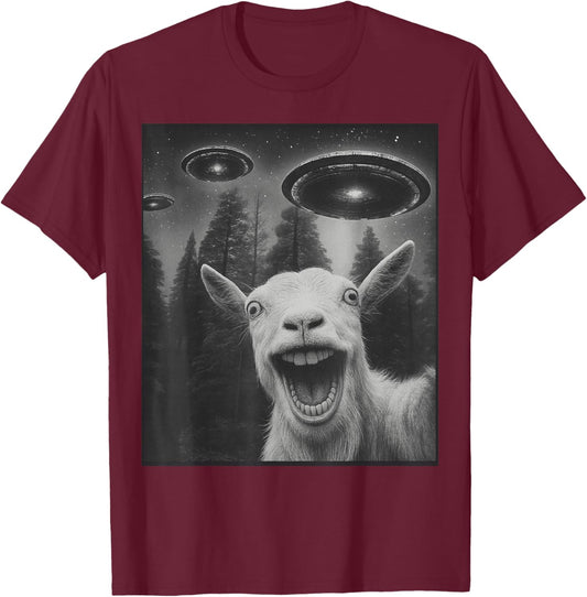 Funny Goat Selfie Alien UFO Gifts Women Teen Boy Kid T-Shirt - T-Shirt | Maroon