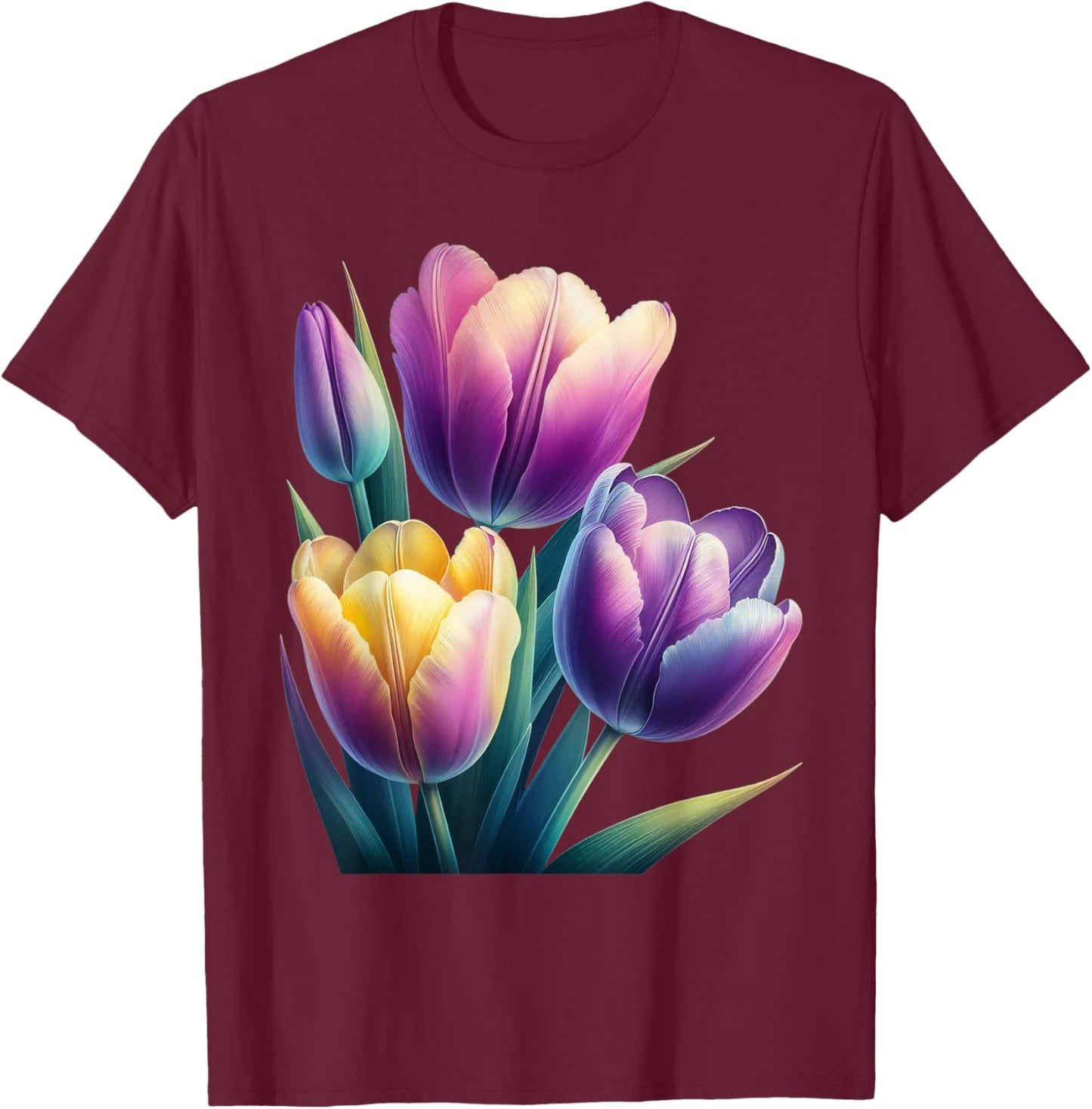 Beautiful Tulips Purple Yellow Botanical Gardening T-Shirt - T-Shirt | Maroon