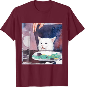 Funny Cat at Dinner Table Meme T-Shirt - T-Shirt | Maroon