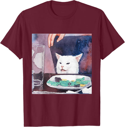 Funny Cat at Dinner Table Meme T-Shirt - T-Shirt | Maroon