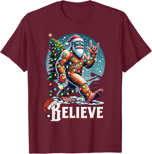 Santa Bigfoot Christmas Lights Funny Sasquatch Believe Xmas T-Shirt - T-Shirt | Maroon