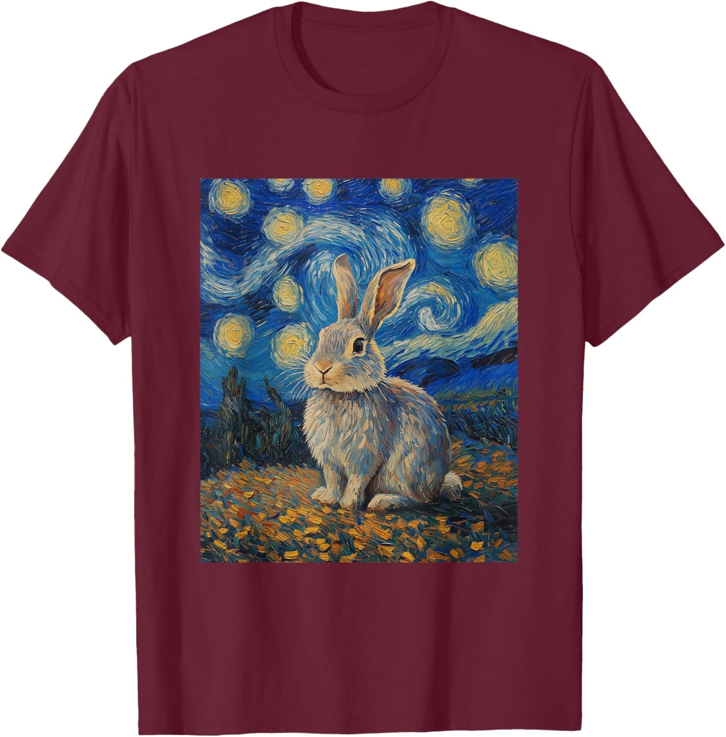 Cute Bunny Rabbit - Van Gogh Style - Starry Night T-Shirt - T-Shirt | Maroon