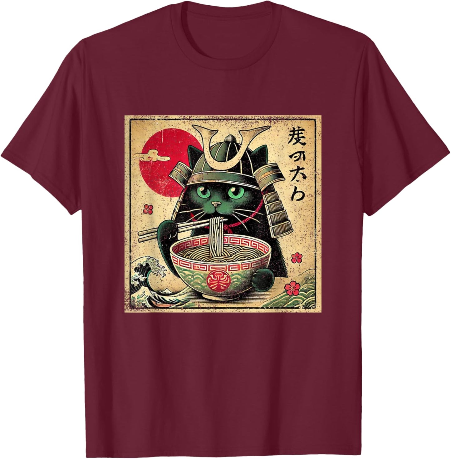 Cat Ramen Japanese Funny Samurai Kawaii Cat Anime Girls Boys T-Shirt - T-Shirt | Maroon
