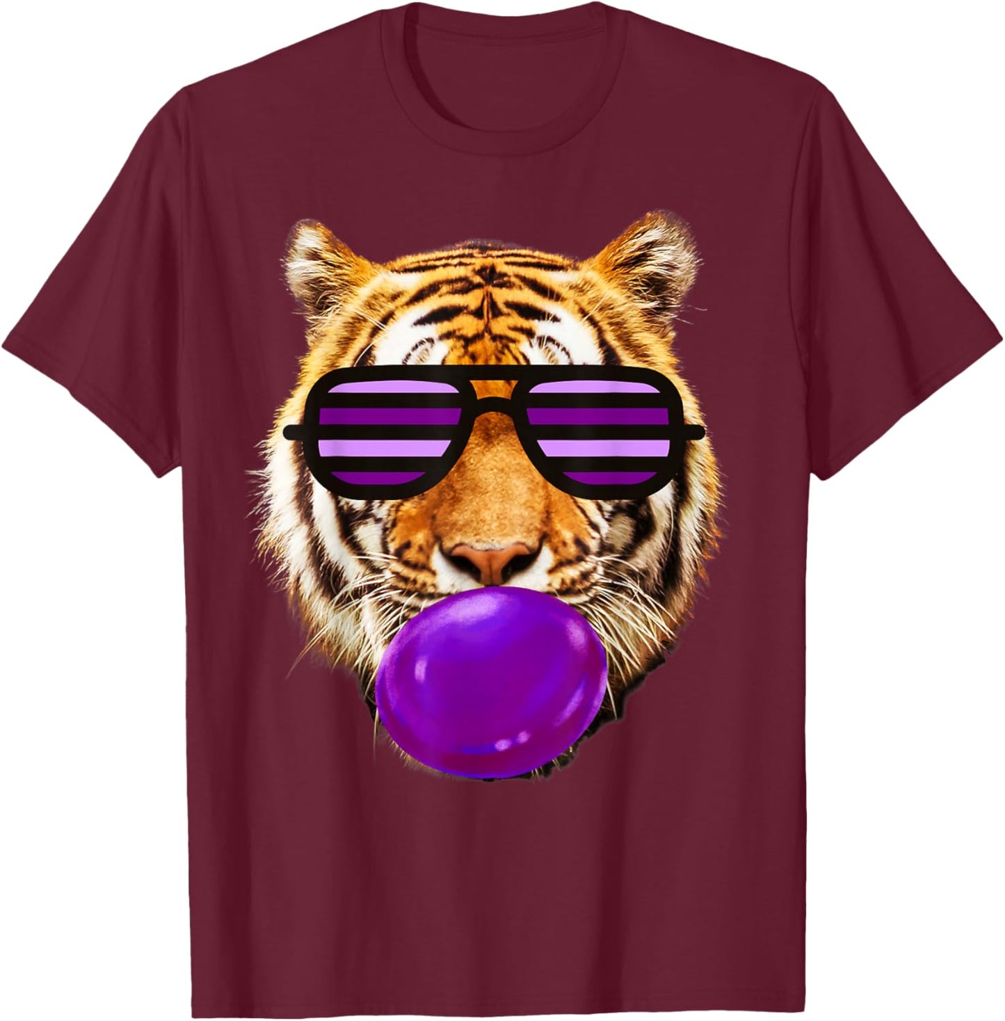 Purple bubble Gum tiger Stripe Cute Tiger with sunglasses T-Shirt - T-Shirt | Maroon