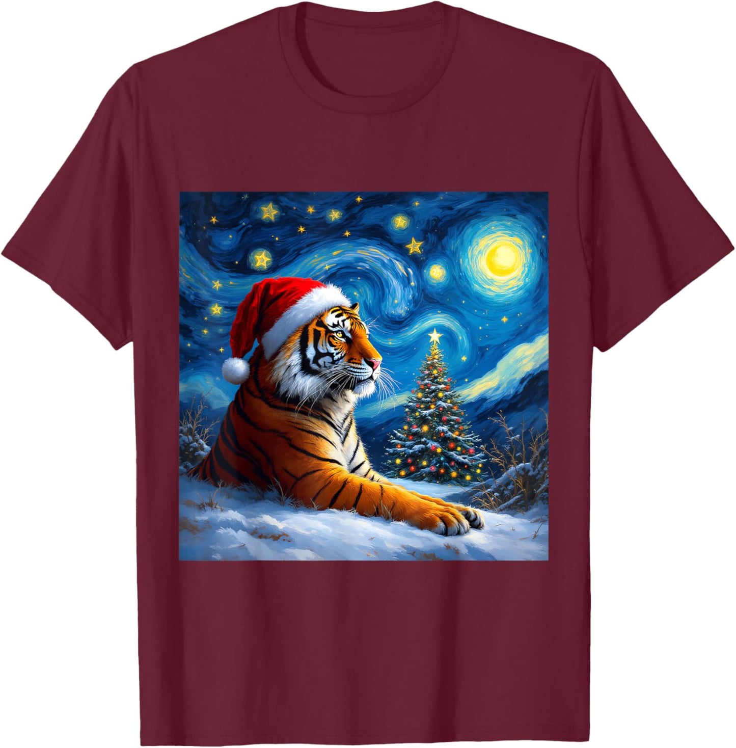 Christmas Tiger Santa Hat Van Gogh Starry Night Holiday T-Shirt - T-Shirt | Maroon