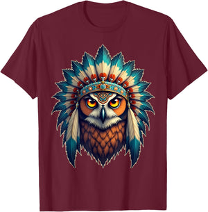 Headdress Owl Native American Pride, Indian Heritage Tribe T-Shirt - T-Shirt | Maroon