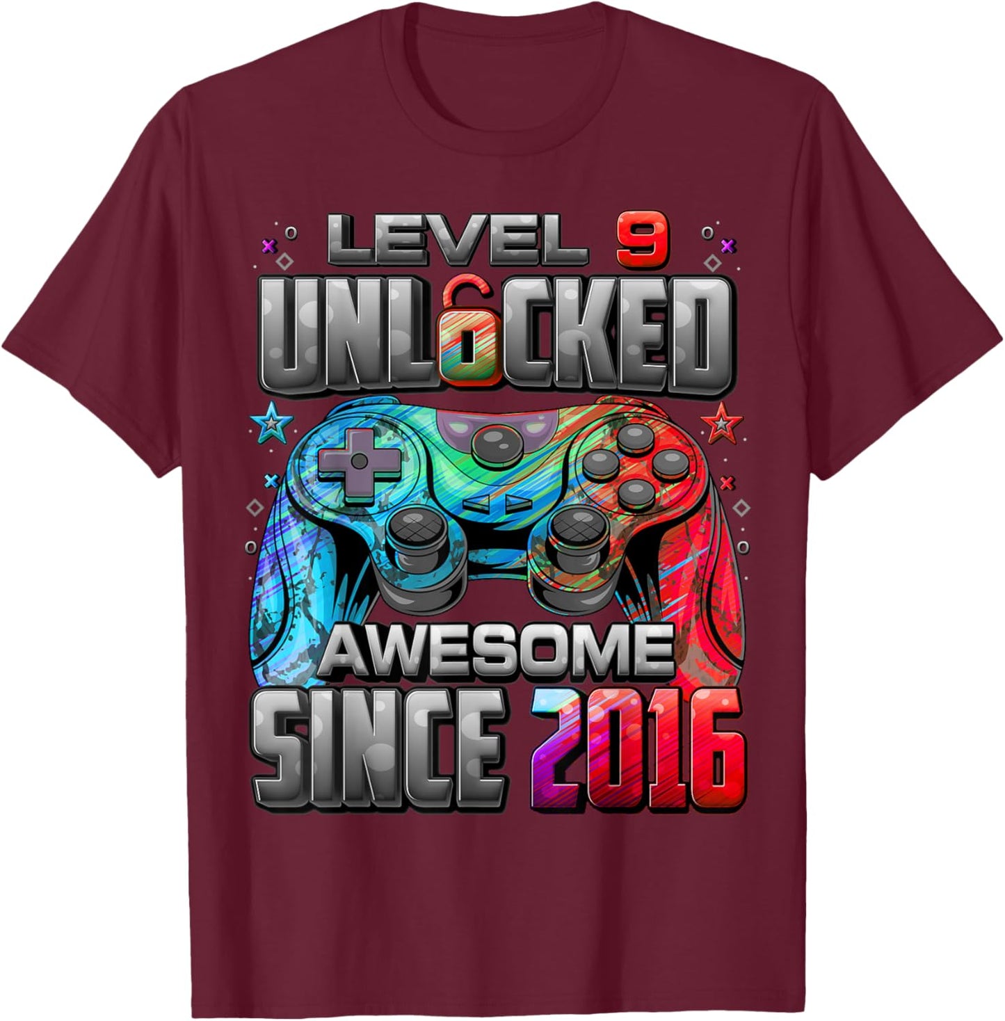 Level 9 Unlocked Awesome Since 2016 9th Birthday Gaming T-Shirt - T-Shirt | Maroon