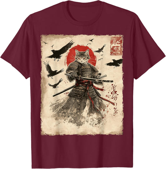 Cat Samurai Graphic Japanese Warrior Anime T-Shirt - T-Shirt | Maroon
