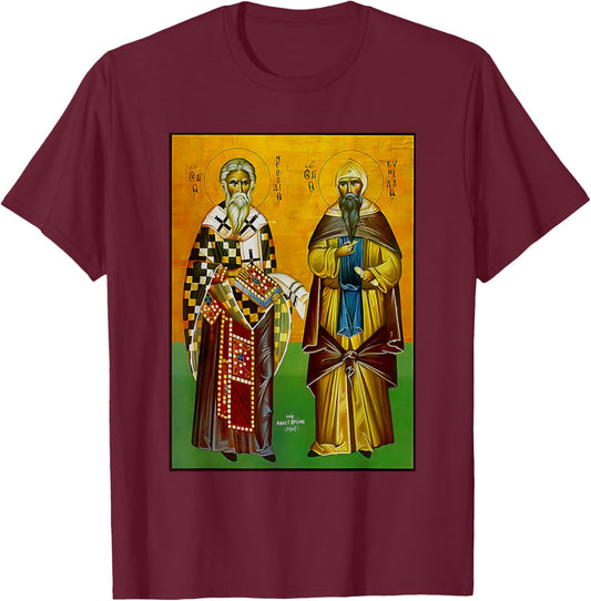 St. Cyril and Methodius Eastern Orthodox Byzantine Art Retro T-Shirt - T-Shirt | Maroon
