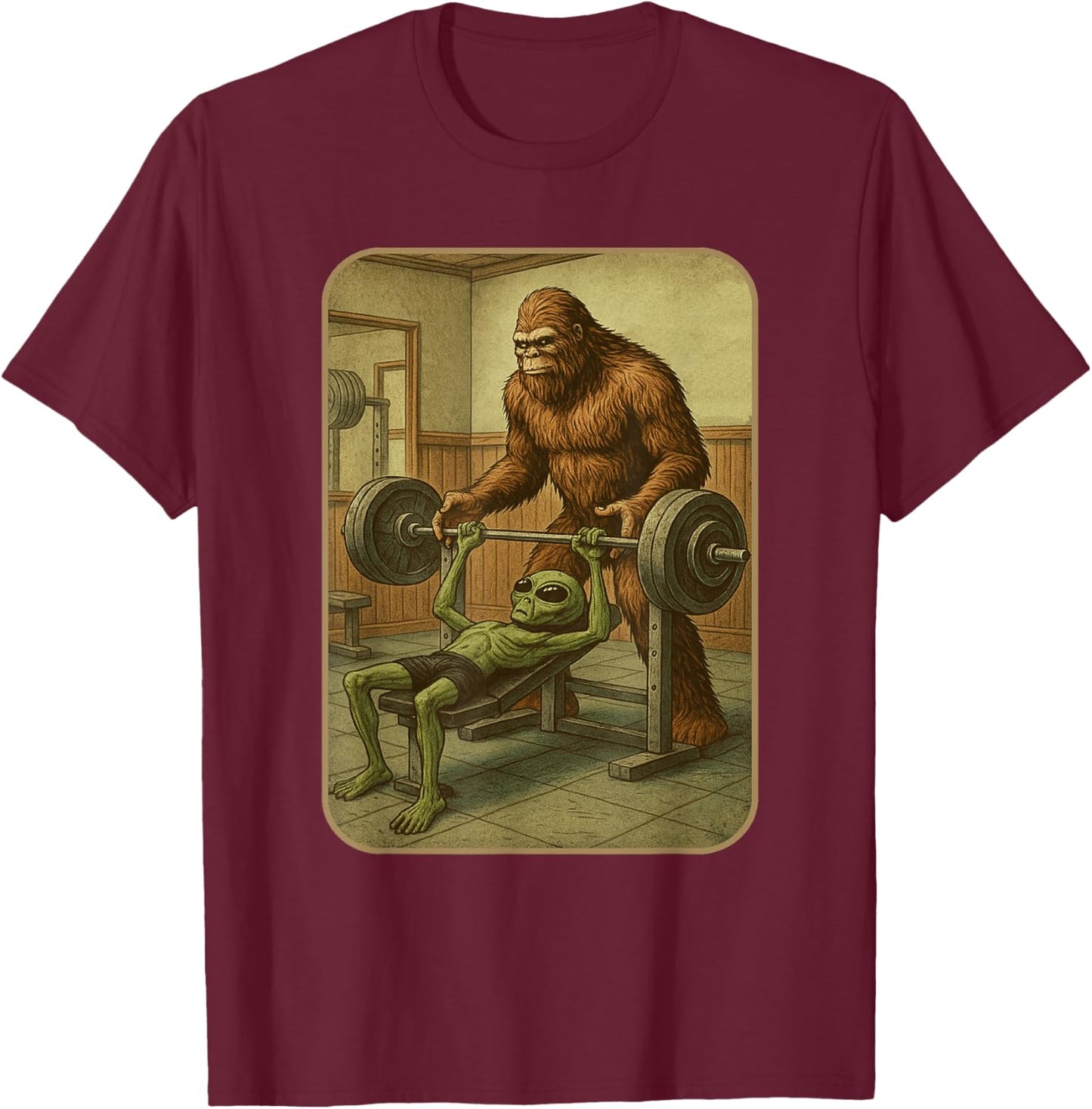 Gym Shirt Men Women Weightlifting Bigfoot Alien T-Shirt - T-Shirt | Maroon
