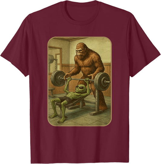 Gym Shirt Men Women Weightlifting Bigfoot Alien T-Shirt - T-Shirt | Maroon