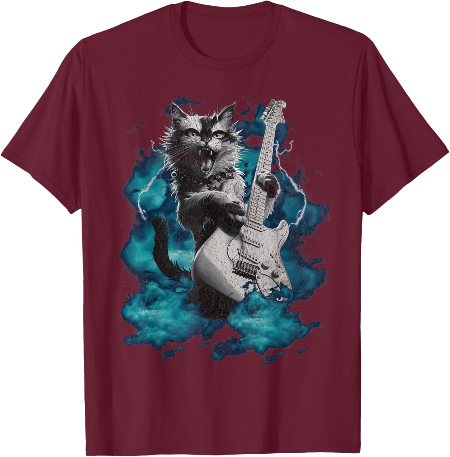 Cool Guitar Cat Kittie Rock Band Music Thunder Rockstar Men Women T-Shirt - T-Shirt | Maroon