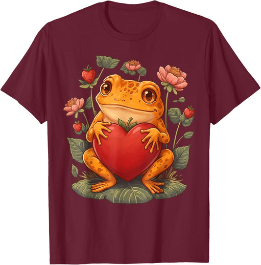 Cute Frog Floral Heart Cottagecore Aesthetic T-Shirt - T-Shirt | Maroon