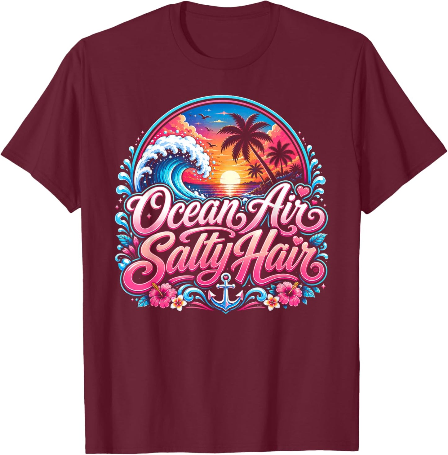 Ocean Air Salty Hair Beach Vacation Summer Design Brand: T-Shirt - T-Shirt | Maroon