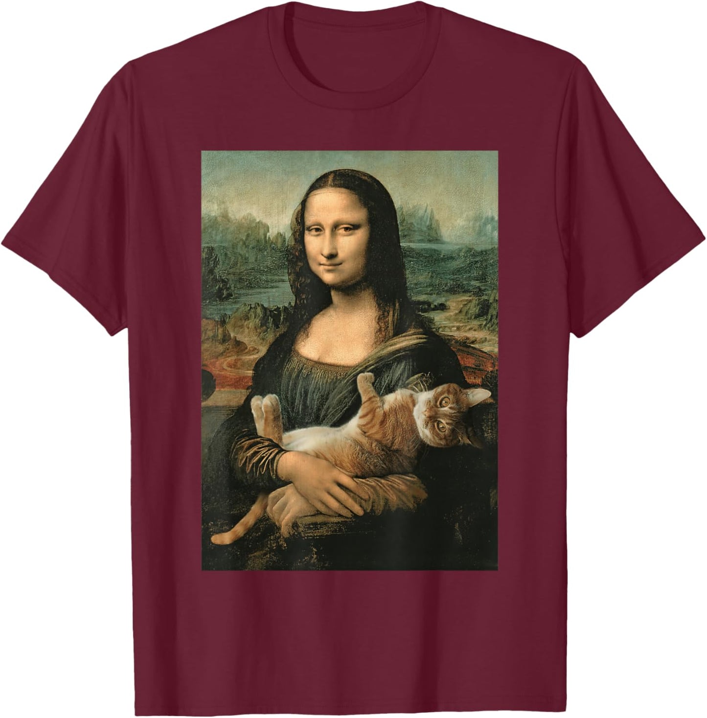 Mona Lisa Orange Cat Funny Art Painting T-Shirt - T-Shirt | Maroon